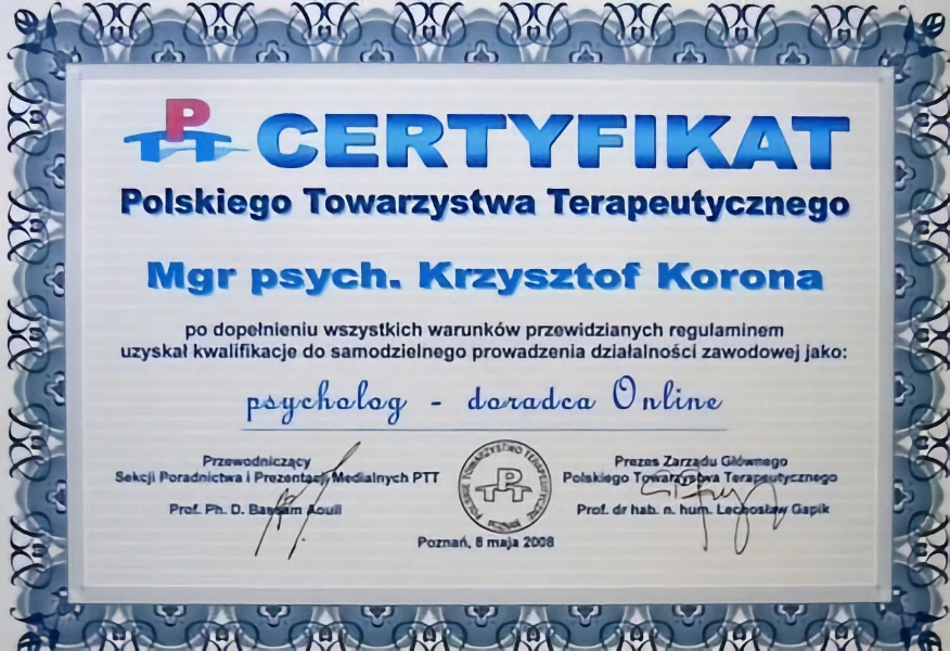 certyfikat psycholog - doradca online psychologa seksuologa i psychoterapeuty Krzysztofa Korony