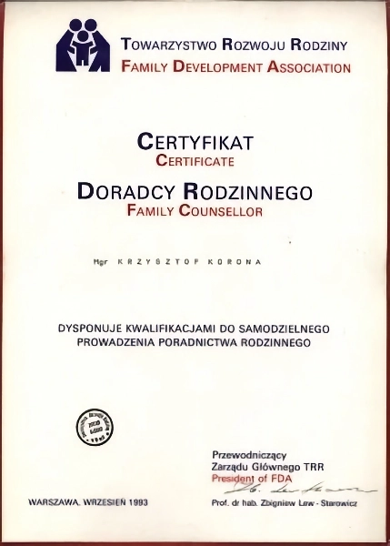 certyfikat Doradcy Rodzinnego psychologa seksuologa i psychoterapeuty Krzysztofa Korony