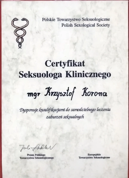 certyfikat Seksuologa Klinicznego psychologa seksuologa i psychoterapeuty Krzysztofa Korony