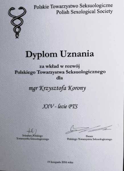 Dyplom Uznania dla psychologa seksuologa i psychoterapeuty Krzysztofa Korony
