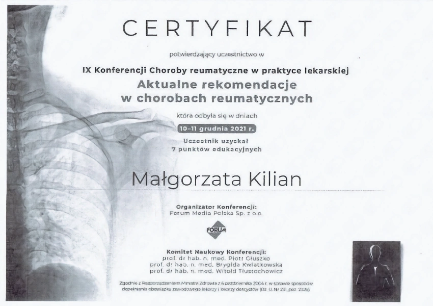 certyfikat doktor Małgorzaty z kursu aktualne rekomendacje w chorobach reumatycznych