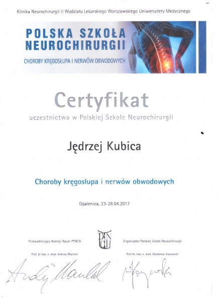 certyfikat doktora Jędrzeja Kubicy z kursu Choroby kręgosłupa i nerwów obwodowych