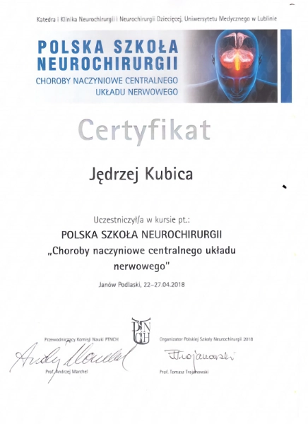 certyfikat doktora Jędrzeja Kubicy z kursu Choroby naczyniowe centralnego układu nerwowego czyli mózgu