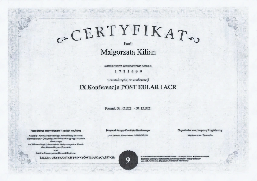 certyfikat doktor Małgorzaty z konferencji post eular i acr