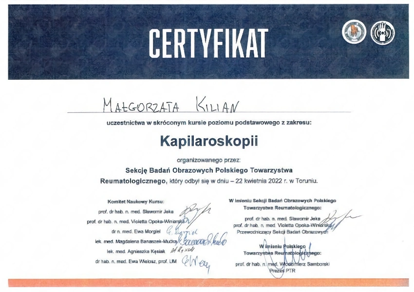 certyfikat doktor Małgorzaty z kursu kapilaroskopii