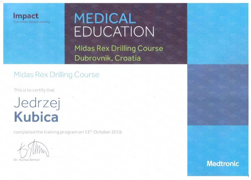 certyfikat doktora Jędrzeja Kubicy z kursu Midas Rex Drilling Course