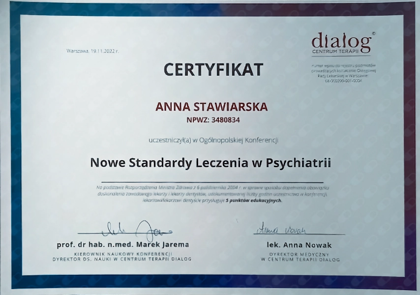 anna stawiarska psychiatra krakow apriori zawiła61a certyfikat uczestnictwa w konferencji nowe standardy leczenia psychiatrii