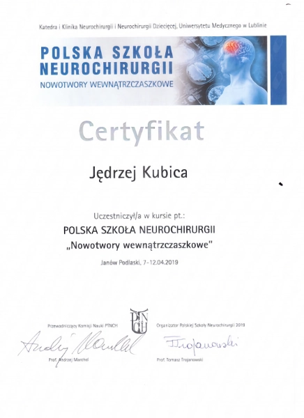 certyfikat doktora Jędrzeja Kubicy z kursu Nowotwory wewnątrzczaszkowe