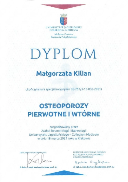 certyfikat doktor Małgorzaty z kursu osteoporozy pierwotne i wtórne