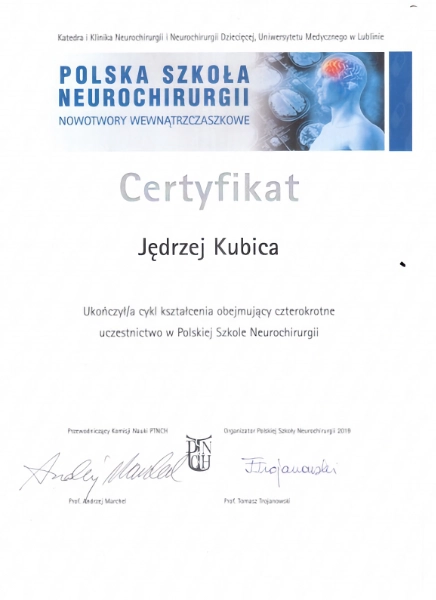certyfikat doktora Jędrzeja Kubicy z kursu Polskiej Szkoły Neurochirurgii