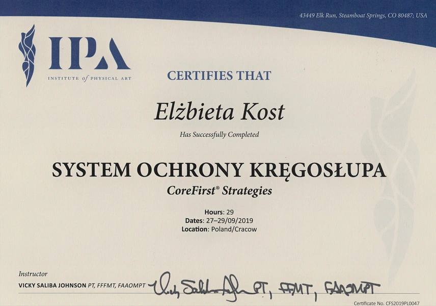 fizjoterapia krakow chory kręgosłup ból pleców karku lędzwi lordoza kifoza skolioza sztywność poranna stawów złamania kręgów kręgozmyk dyskopatia elzbieta kost apriori
