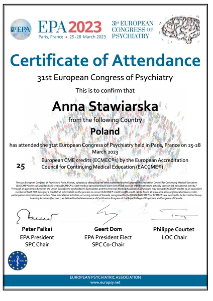 psychiatra krakow anna stawiarska asocjacja europejski kongres psychiatrii 2023