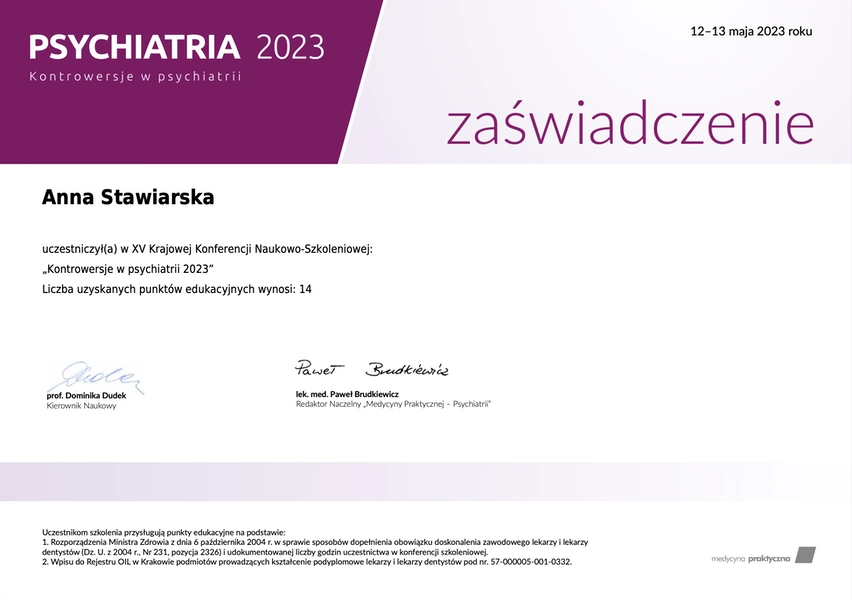 anna stawiarska certyfikowana konferencja naukowo szkoleniowa kontrowersje w psychiatrii 2023 certyfikat medycyna praktyczna
