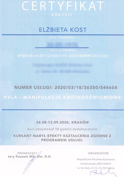 profesjonalna fizjoterapia krakow bóle pleców stawu kolana biodra kostki nóg rąk głowy manipulacje krótkodźwigniowe elzbieta kost apriori