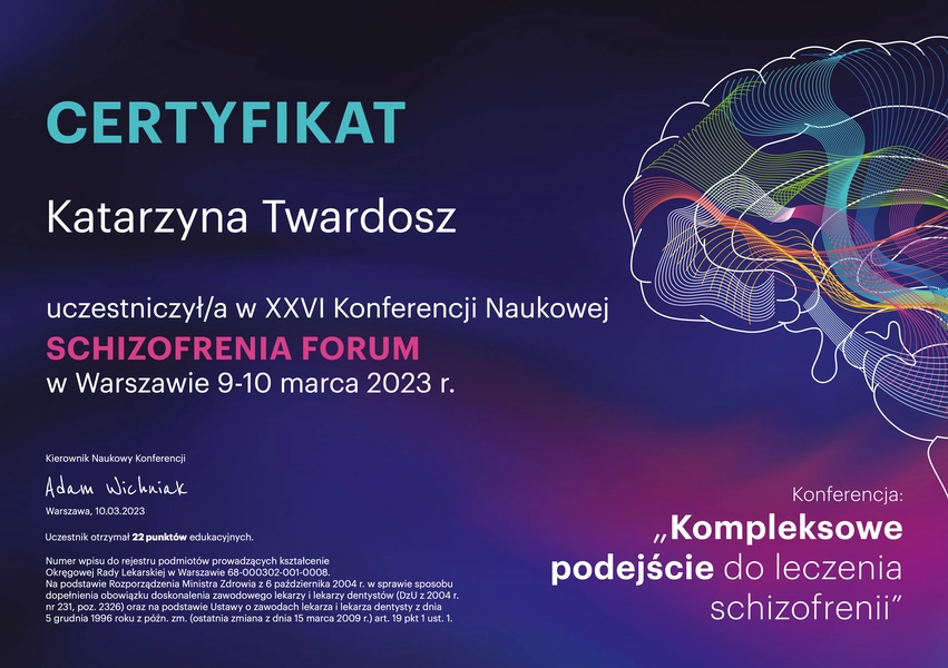 certyfikat katarzyna twardosz schzofrenia konsultacja psychiatryczna apriori centrum zdrowia kraków zawiła 61a polska opieka diagnoza halucyjnacje omamy zaburzenia myślenia terapia farmakologiczna poznawczo-behawioralna rehabilitacja leki wsparcie deficytów poznawczych integracja społeczna