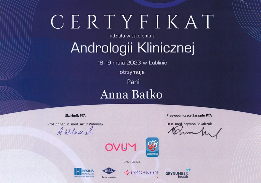 lekarz specjalista endokrynolog andrologii klinicznej anna batko certyfikat szkolenia kraków apriori zawiła 61a