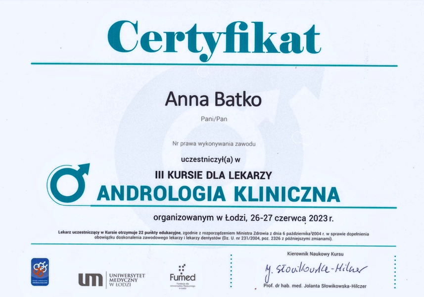 certyifkowana androlog kliniczna kraków anna batko apriori zawiła 61a