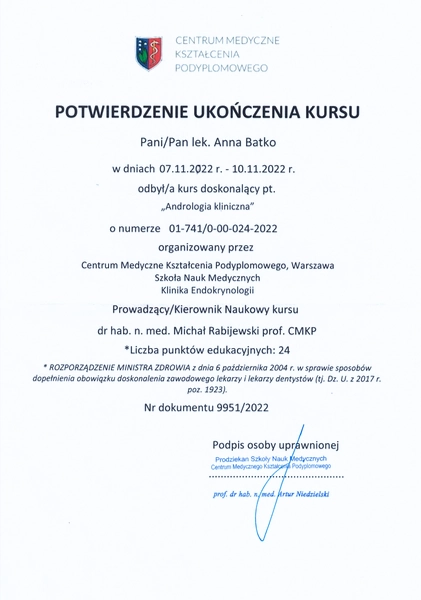 androlog kliniczny kraków anna batko certyfikat kursu doskonalącego cmkp