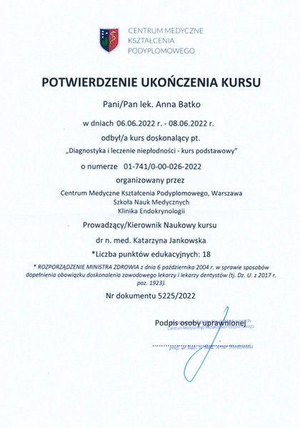 niepłodność leczenie i diagnostyka kurs doskonalący certyfikat anna batko kraków apriori