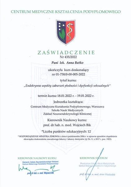 zaburzenia płodności i dysfunkcje seksualne certyfikat kurs lekarz anna batko apriori zawiła 61a