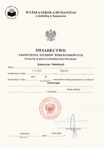 świadectwo ukończenia studiów podyplomowych arteterapii przez mgr katarzynę staleńczyk naszą psycholog psychoterpeutkę w apriori centrum zdrowia - gabinety medyczne