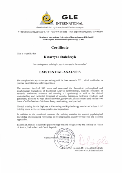 certificate of existential analysis psychotherapy our psychologist katarzyna stalenczyk in apriori medical center