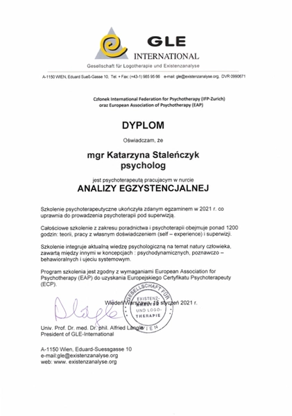 certyfikat psychoterapii egzystencjalnej mgr katarzyny staleńczyk w apriori centrum zdrowia - gabinety medyczne