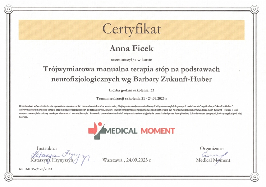 Certyfikat trójwymiarowej manualnej terapii stóp na podstawach neurofizjologicznych wg Barbary Zukunft-Huber, Anna Ficek fizjoterapeuta dziecięcy Kraków Apriori Centrum Medyczne