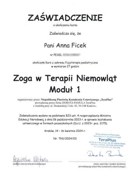Zoga w terapii niemowląt moduł 1 – metoda wspierająca rozwój ruchowy niemowląt, Anna Ficek fizjoterapeuta dziecięcy Kraków Apriori Centrum