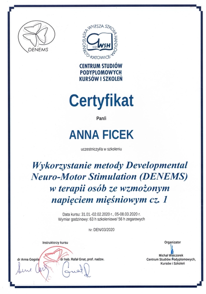 Anna Ficek – fizjoterapeuta pediatryczny Kraków, Apriori Centrum Zdrowia, certyfikat z metody Developmental Neuro-Motor Stimulation (DENEMS) w terapii napięcia mięśniowego u dzieci