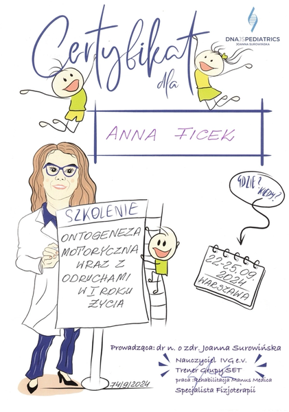 Anna Ficek – fizjoterapeutka dziecięca Kraków, Apriori Centrum, certyfikat z ontogenezy motorycznej i odruchów u noworodków i niemowląt w pierwszym roku życia