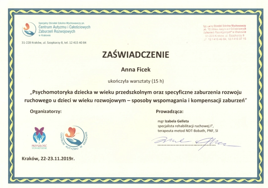 Certyfikat psychomotoryki dziecka w wieku przedszkolnym i terapii zaburzeń rozwoju ruchowego u dzieci w wieku rozwojowym, metody wspomagania i kompensacji zaburzeń, Anna Ficek fizjoterapeuta dziecięcy Kraków