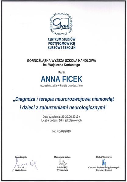Certyfikat diagnozy i terapii neurorozwojowej niemowląt i dzieci z zaburzeniami neurologicznymi, Anna Ficek fizjoterapeuta dziecięcy Kraków Apriori Centrum Medyczne