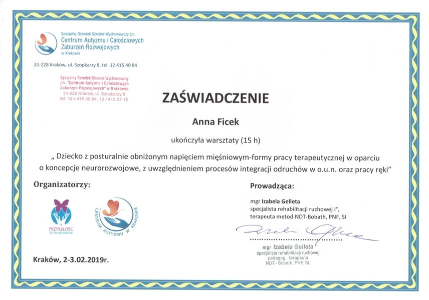 Certyfikat terapii dziecka z obniżonym napięciem mięśniowym, metody neurorozwojowe i integracja odruchów w o.u.n., terapia pracy ręki, Anna Ficek fizjoterapeuta dziecięcy Kraków Apriori
