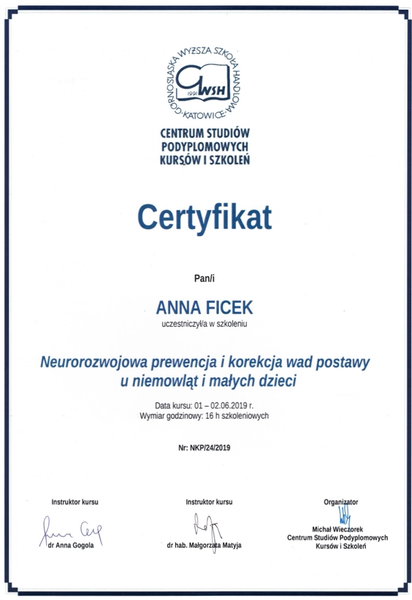 Certyfikat neurorozwojowej prewencji i korekcji wad postawy u niemowląt i małych dzieci, Anna Ficek fizjoterapeuta dziecięcy Kraków Apriori Centrum