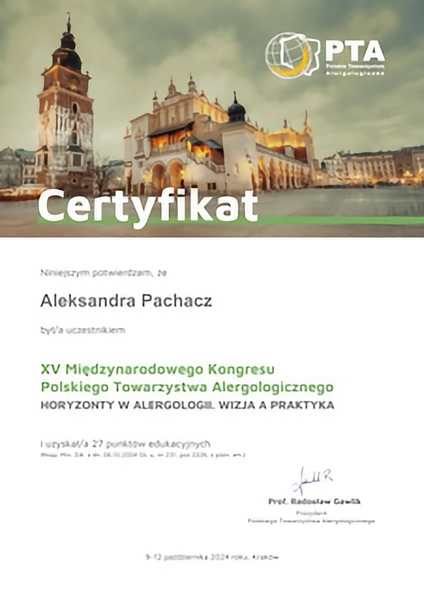certyfikat międzynarodowego kongresu alergologów pani doktor aleksandry pachacz z krakowa
