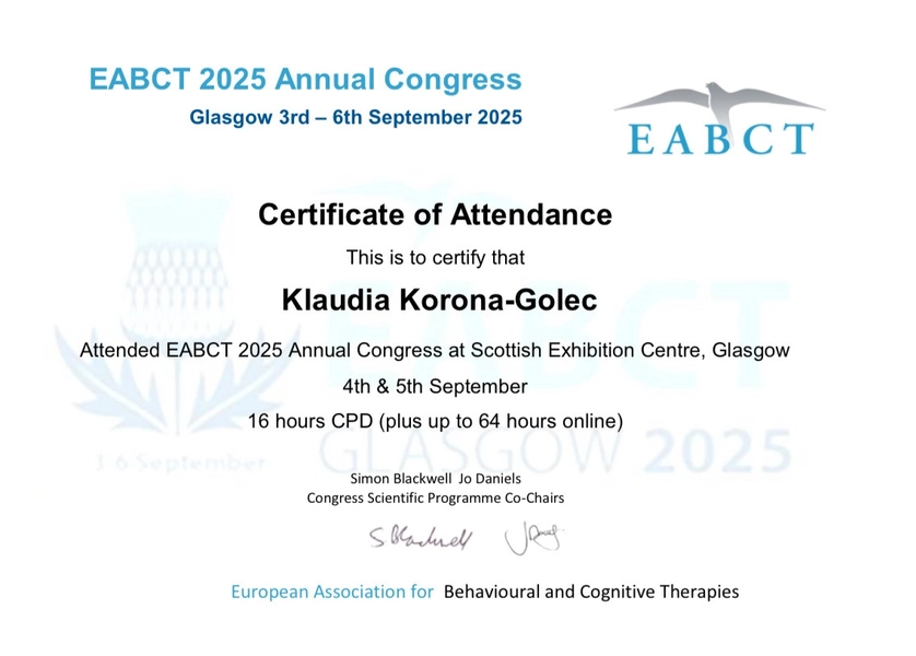 certyfikat uczestnictwa dr Klaudii Korony-Golec w międzynarodowej konferencji w Glasgow w Szkocji Europejskiej Asocacji Behawioralnych i Poznawczych Terapii
