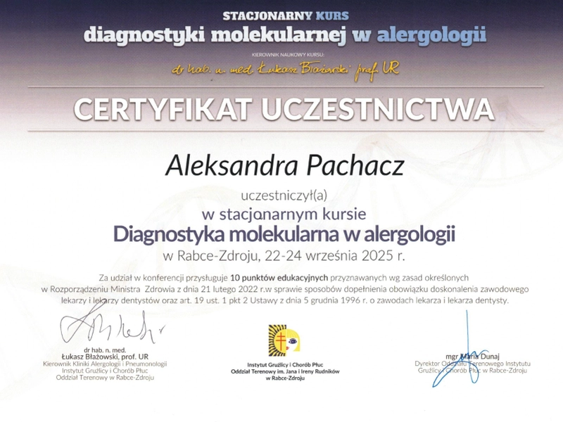 certyfikat dr aleksandry pachacz z kursu diagnostyki molekularnej w alergologii 2025