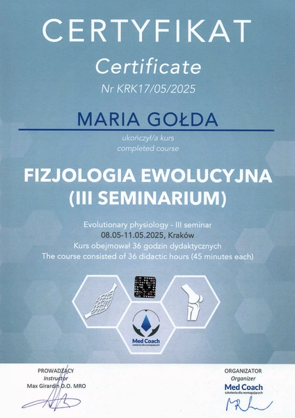 certyfikat uczestnictwa w kursie fizjologii ewolucyjnej (kolejne 3 seminarium) maj 2025 lekarza specjalisty Marii Gołdy