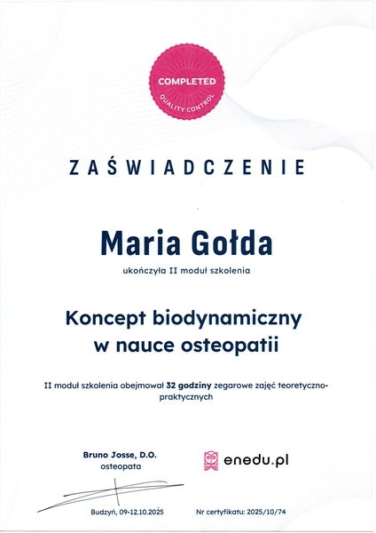 certyfikat uczestnictwa w szkoleniu konceptu biodynamicznego w nauce osteopatii 2025 lekarza specjalisty Marii Gołdy