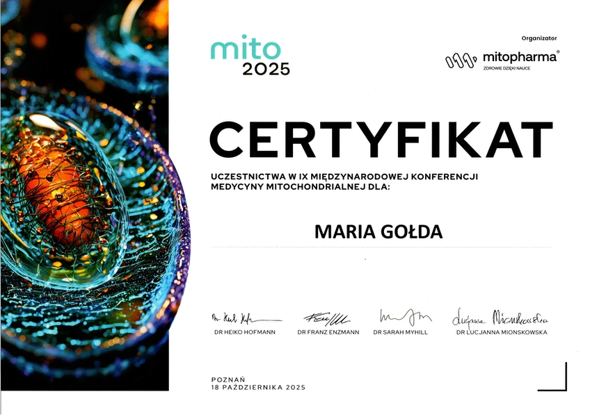 certyfikat uczestnictwa w międzynarodowej konferencji medycyny mitochondrialnej 2025 lekarza specjalisty Marii Gołdy