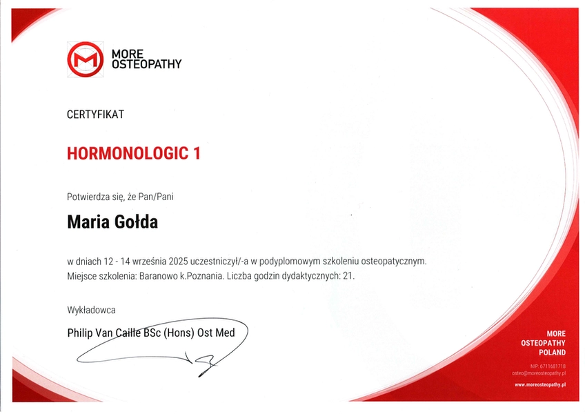 certyfikat uczestnictwa w szkoleniu osteopatycznym hormonologic 1 2025 lekarza specjalisty Marii Gołdy