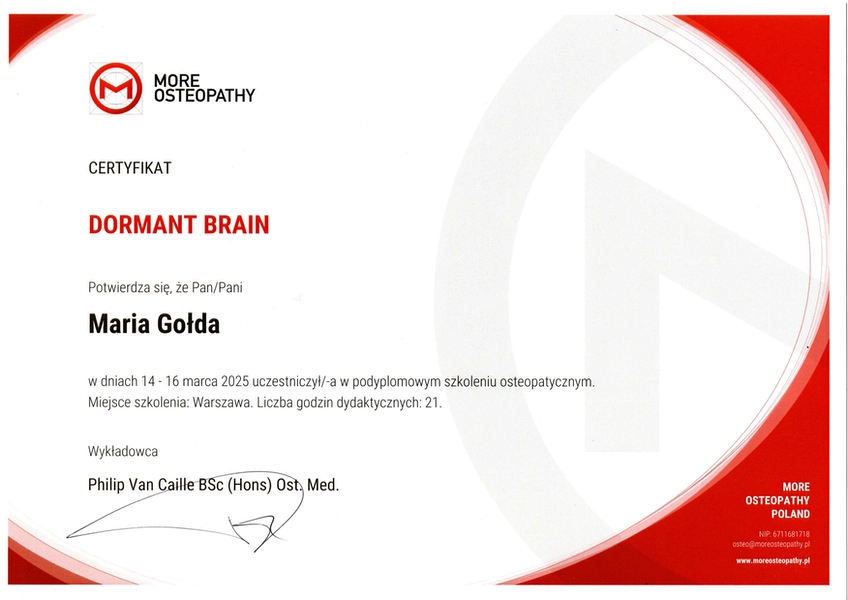 certyfikat uczestnictwa w szkoleniu osteopatycznym dormant brain 2025 lekarza specjalisty Marii Gołdy