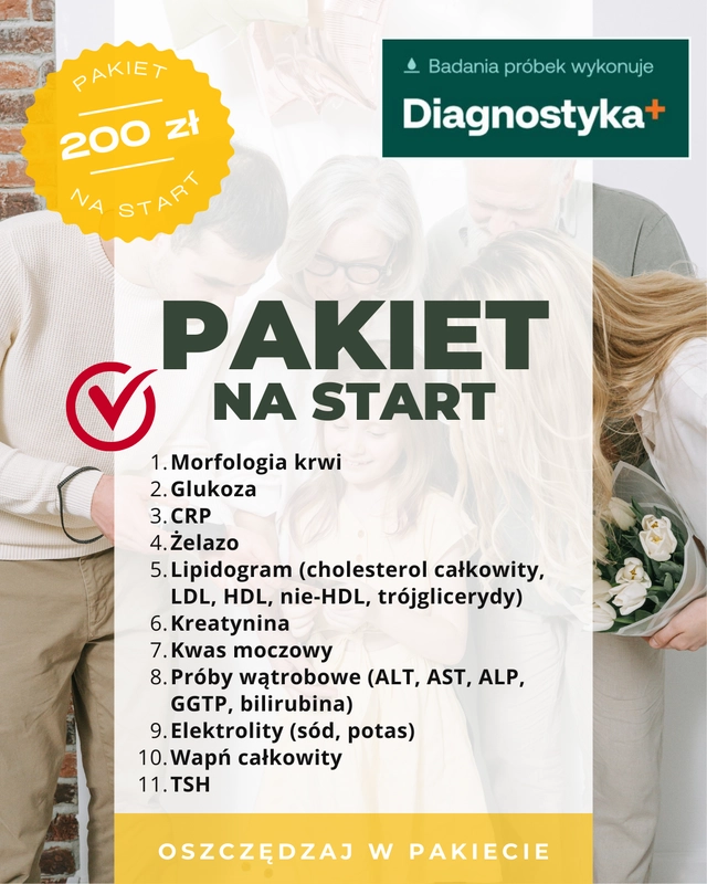 badania krwi w pakiecie morfologia, glukoza, CRP, żelazo, lipidogram, kreatynina, kwas moczowy, próby wątrobowe, sód, potas, wapń całkowity, TSH - na start diagnostyki z krwi i do lekarza