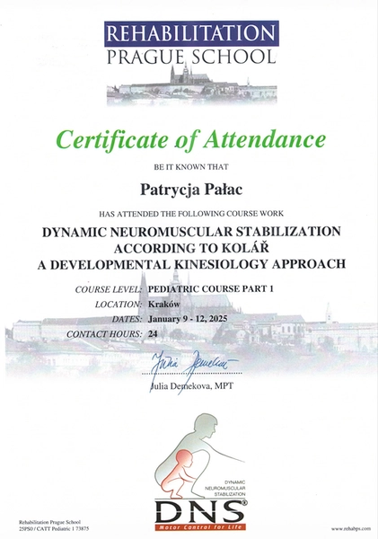 Certyfikat szkolenia Dynamic Neuromuscular Stabilization DNS Patrycji Pałac fizjoterapeutki dziecięcej apriori centrum medyczne