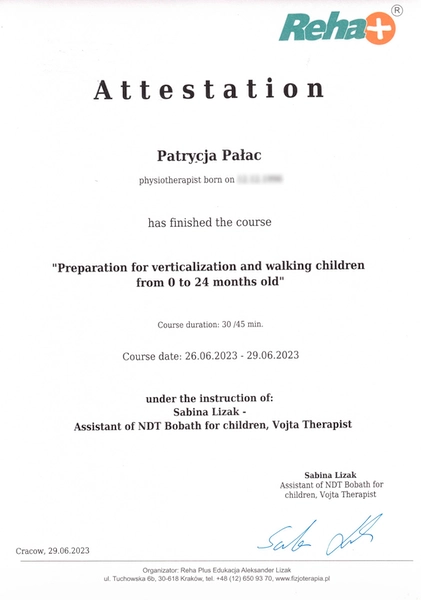 Certyfikat kursu Preparation for vertilization and walking children d0 to 24 months Patrycji Pałac fizjoterapeuta dzieci apriori centrum medyczne