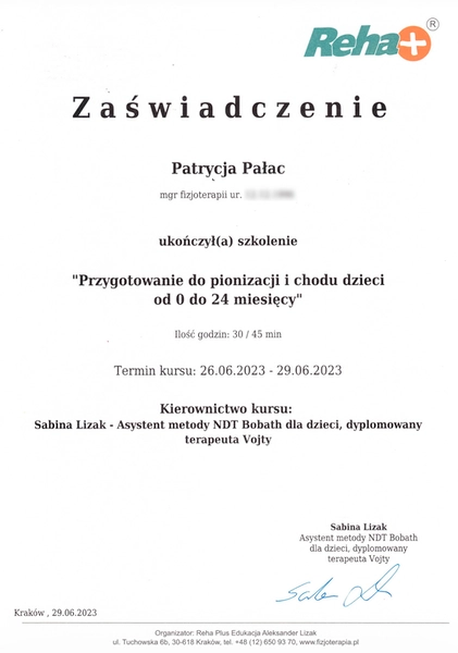 Certyfikat szkolenia Przygotowanie do pionizacji i chodu dzieci od 0 do 24 miesięcy NDT Bobach i Vojty Patrycji Pałac fizjoterapeuta dzieci apriori centrum medyczne