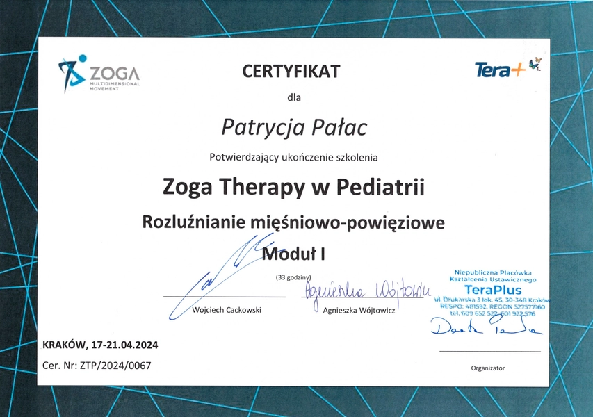 Certyfikat kursu Boga Therapy w Pediatrii Rozluźnianie mięśniowo-powięziowe Moduł 1 Patrycji Pałac fizjoterapeuta dzieci apriori centrum medyczne