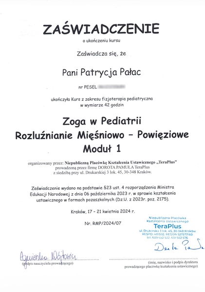 Certyfikat szkolenia Zoga w Pediatrii Rozluźnianie Mięśniowo- Powięziowe Patrycji Pałac fizjoterapeutki dziecięcej apriori centrum medyczne