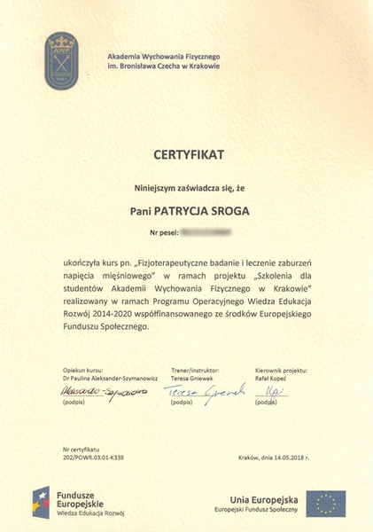 Certyfikat kursu Fizjoterapeutyczne badanie i leczenie zaburzeń napięcia mięśniowego AWF Patrycji Pałac fizjoterapeutki dziecięcej apriori centrum medyczne